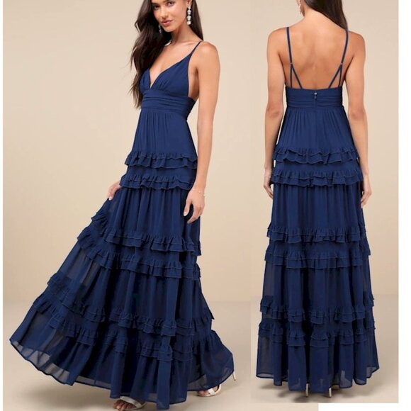 Lavish Perfection Navy Blue Ruffled Tiered Maxi Dress Size Small New NWT - Picture 1 of 6